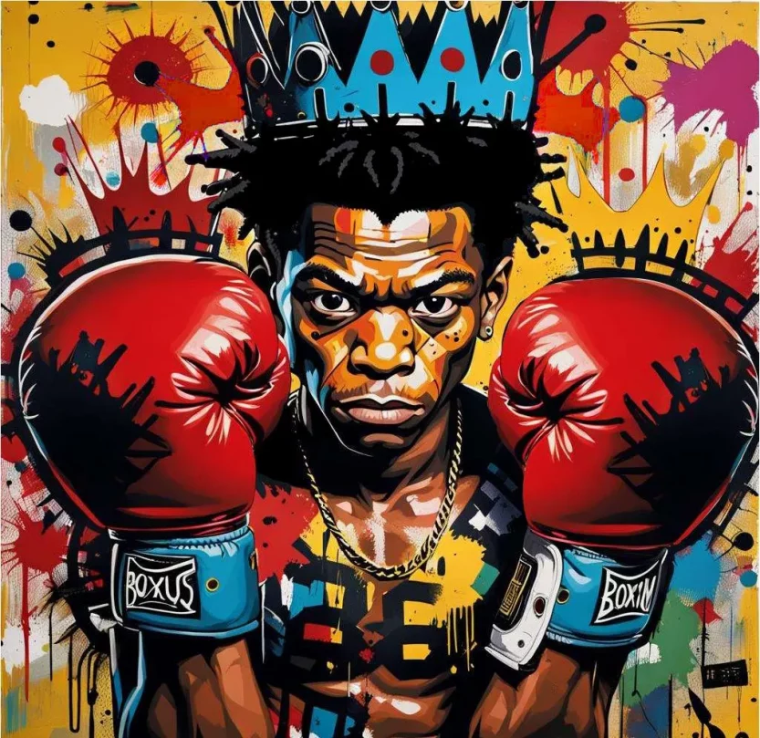 Cette image est un portrait vibrant de style street art de Basquiat en boxeur. Il porte des gants de boxe rouges et affiche une expression intense et déterminée. Il est représenté avec une couronne bleue stylisée au-dessus de sa tête, symbolisant la grandeur et le combattant L'arrière-plan est un mélange chaotique et coloré de peinture éclaboussée et d'éléments ressemblant à des graffitis, créant une esthétique urbaine dynamique. Le visage du boxeur est rendu en couleurs audacieuses et contrastées, mettant en valeur ses traits marqués. La composition générale combine des éléments de pop art, de street art et de portrait traditionnel pour créer une image puissante et accrocheuse qui célèbre la force et l'importance culturelle de Basquiat dans le monde de l'art urbain. This image is a vibrant street art-style portrait of Basquiat as a boxer. He is wearing red boxing gloves and has an intense, determined expression. He is depicted with a stylized blue crown above his head, symbolizing greatness and the fighter. The background is a chaotic, colorful mix of splattered paint and graffiti-like elements, creating a dynamic urban aesthetic. The boxer's face is rendered in bold, contrasting colors, highlighting his strong features. The overall composition combines elements of pop art, street art, and traditional portraiture to create a powerful, eye-catching image that celebrates Basquiat's strength and cultural significance in the world of urban art.