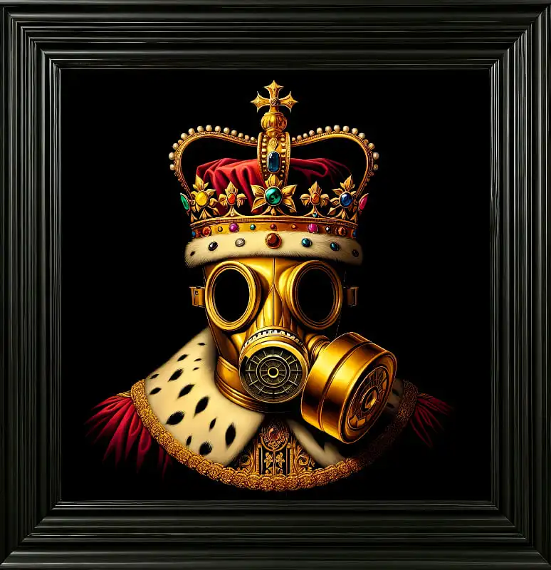 Représentation allégorique du portrait du Roi des Artistes Graffeurs. Image puissante, symboles paradoxaux. Masque à gaz doré, couronne royale multicolore.