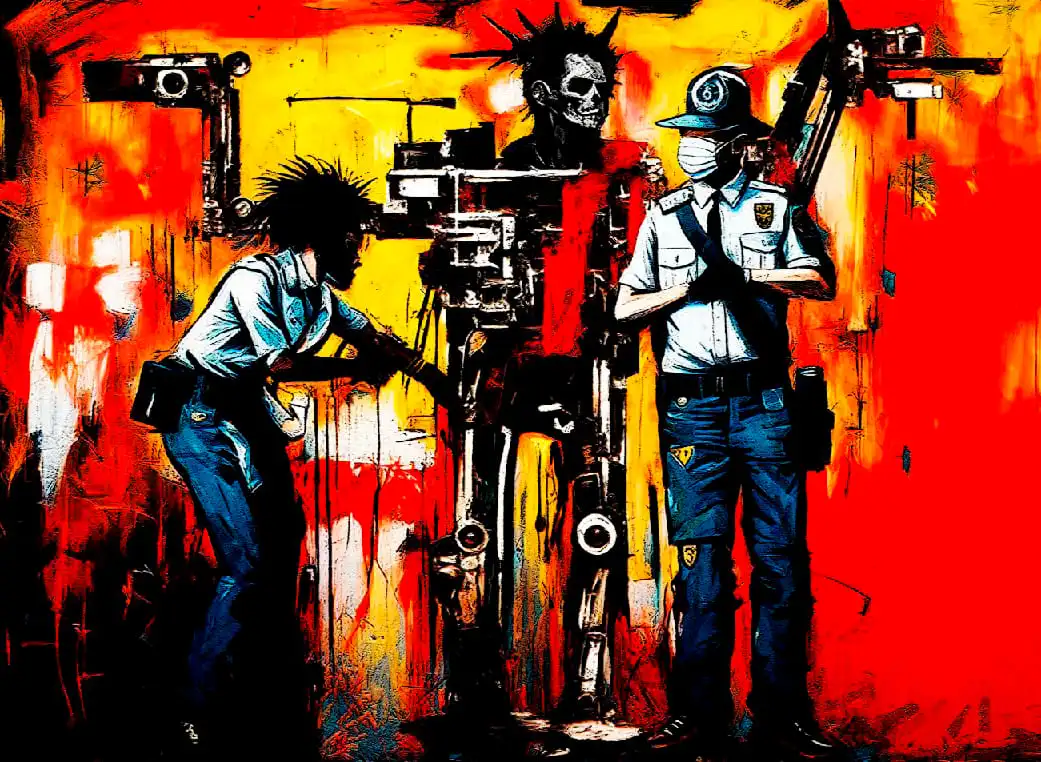 Cette œuvre est une explosion visuelle de couleurs vives et de formes provocantes, incarnant l'essence de l'art néo-expressionniste urbain. Au centre de la composition se trouve un visage stylisé, presque tribal dans son esthétique. Les yeux sont représentés par des ovales noirs profonds, tandis que la bouche est dépeinte avec des dents apparentes, évoquant un mélange d'agressivité et de vulnérabilité. Autour de ce visage central, des formes triangulaires jaunes et blanches rayonnent comme une couronne solaire ou une auréole explosive. Ces éléments pointus contrastent avec les lignes fluides et chaotiques qui dominent le reste de la toile. L'arrière-plan est un patchwork vibrant de rouge vif, de bleu turquoise et de jaune, avec des touches de noir qui ajoutent de la profondeur et de l'intensité. La technique picturale évoque le dripping et le graffiti, avec des coulures, des éclaboussures et des traits de pinceau visibles qui créent une texture riche et dynamique. L'ensemble de la composition est traversé par des lignes verticales et horizontales qui semblent fragmenter l'image, comme si elle était vue à travers un prisme brisé ou reflétée dans un miroir éclaté. Cette œuvre puissante semble explorer des thèmes de l'identité, de la transformation et peut-être de la lutte intérieure. Elle capture l'énergie brute et l'intensité émotionnelle caractéristiques de l'art de rue contemporain, tout en incorporant des éléments qui rappellent l'art primitif et le cubisme. This work is a visual explosion of vivid colors and provocative forms, embodying the essence of urban neo-expressionist art. At the center of the composition is a stylized face, almost tribal in its aesthetic. The eyes are depicted as deep black ovals, while the mouth is shown with exposed teeth, evoking a mix of aggressiveness and vulnerability. Surrounding this central face, yellow and white triangular shapes radiate like a solar crown or an explosive halo. These sharp elements contrast with the fluid and chaotic lines that dominate the rest of the canvas. The background is a vibrant patchwork of bright red, turquoise blue, and yellow, with touches of black adding depth and intensity. The painting technique evokes dripping and graffiti, with visible drips, splashes, and brushstrokes creating a rich and dynamic texture. The entire composition is crossed by vertical and horizontal lines that seem to fragment the image, as if it were seen through a shattered prism or reflected in a broken mirror. This powerful work seems to explore themes of identity, transformation, and perhaps inner struggle. It captures the raw energy and emotional intensity characteristic of contemporary street art, while incorporating elements reminiscent of primitive art and cubism.